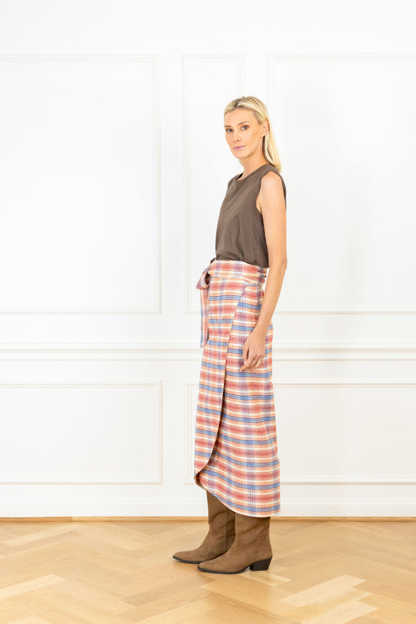 La Vie Cream Plaid Cotton Maxi Wrap Skirt