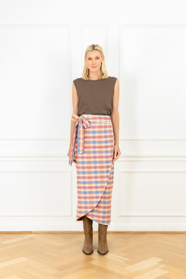 la vie Cream Plaid Cotton Maxi Wrap Skirt