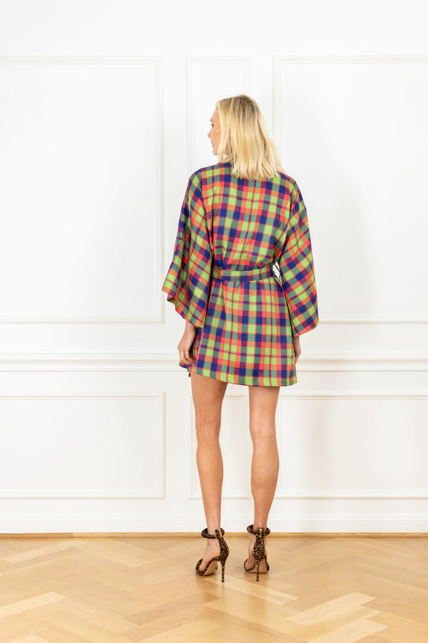 La Vie Garnet Plaid Mini Wrap Dress