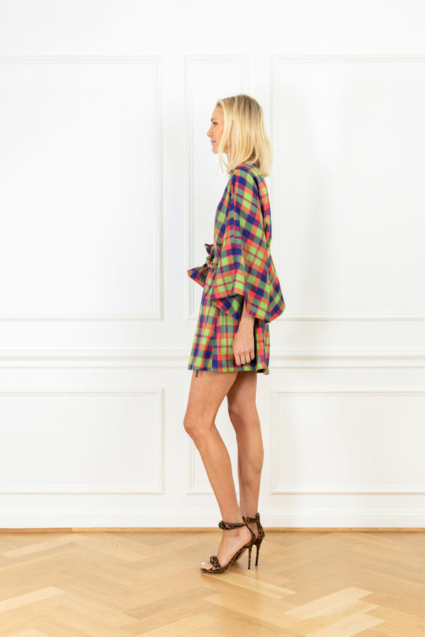 La Vie Garnet Plaid Mini Wrap Dress