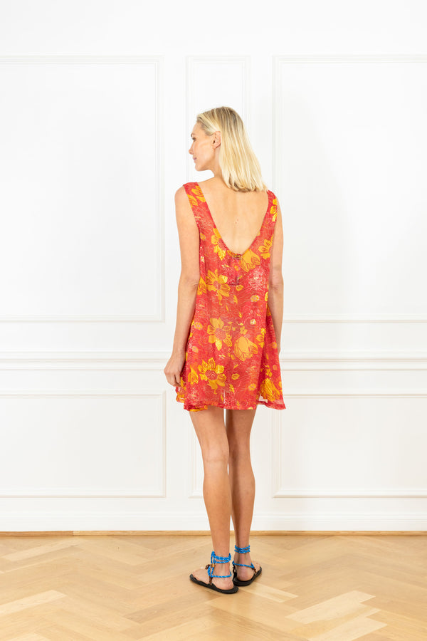 La Vie Golden Floral Sheer Mini Swing Dress