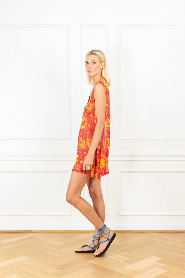 La Vie Golden Floral Sheer Mini Swing Dress