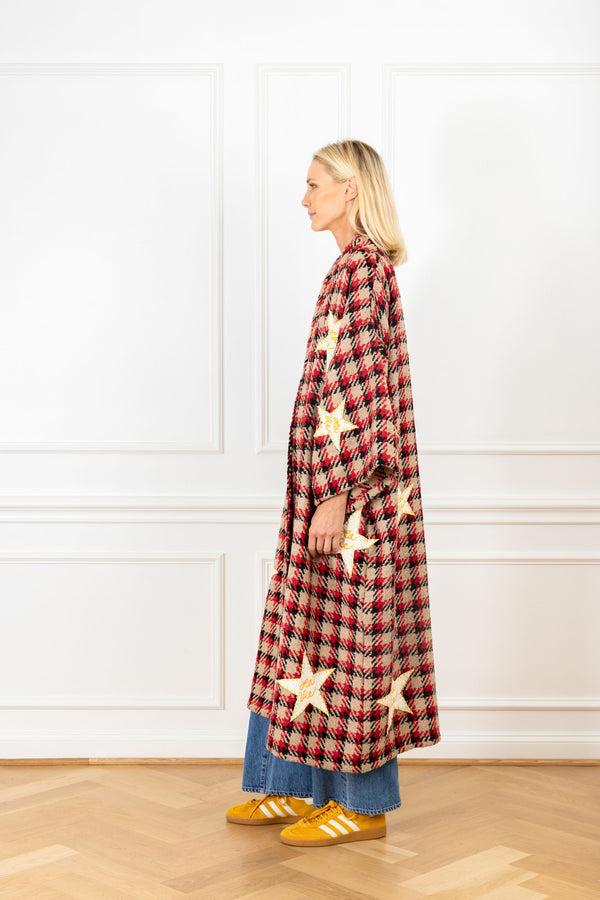 La Vie Houndstooth Wool Patch Maxi Duster