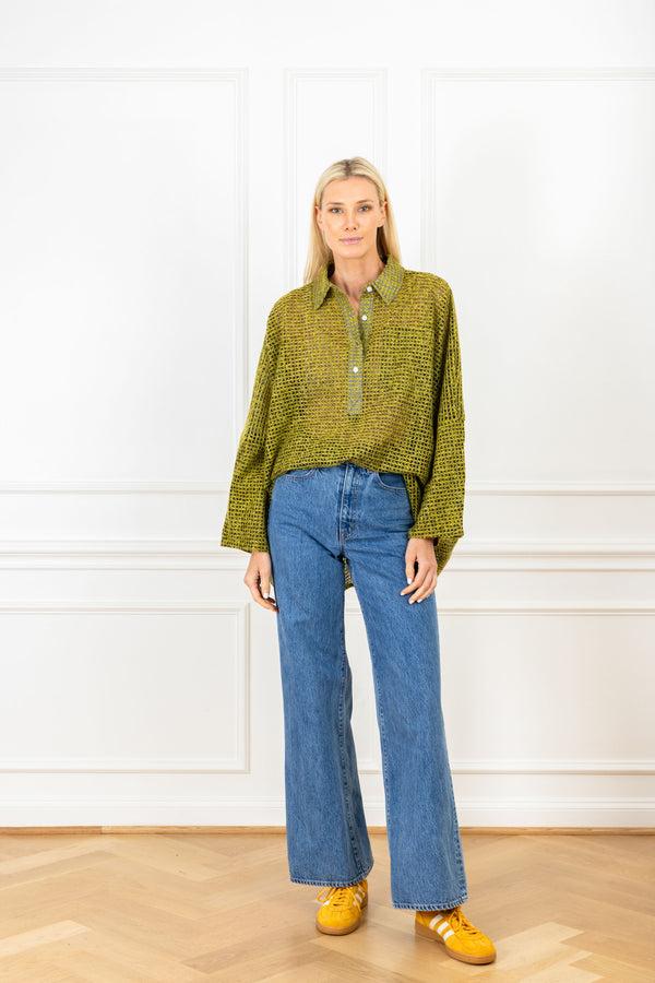 la vie Moss Green Grid Boyfriend Shirt