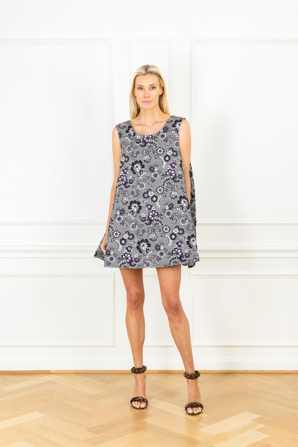 la vie Navy Purple Plaid Pleat Dress