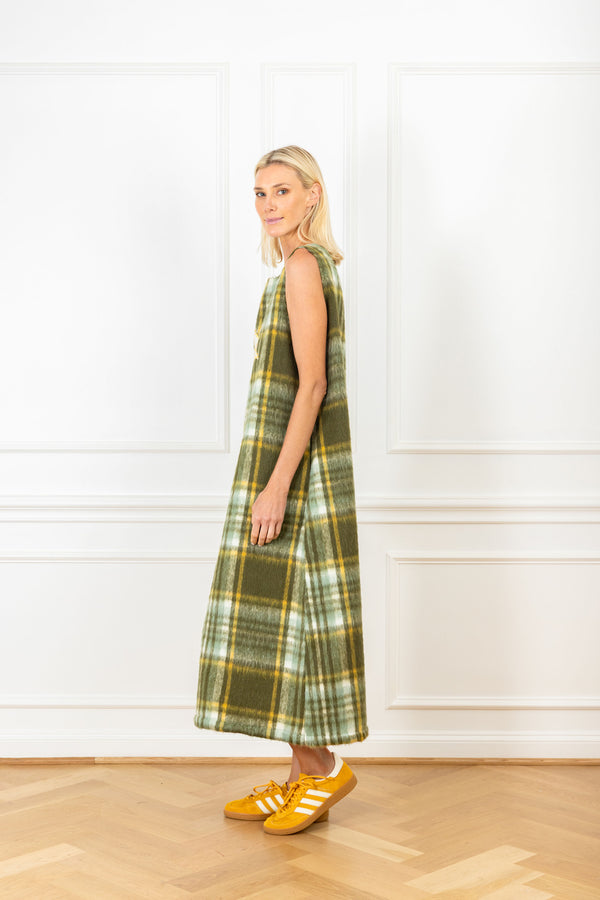 La Vie Olive Plaid Patch Maxi A-Line Dress