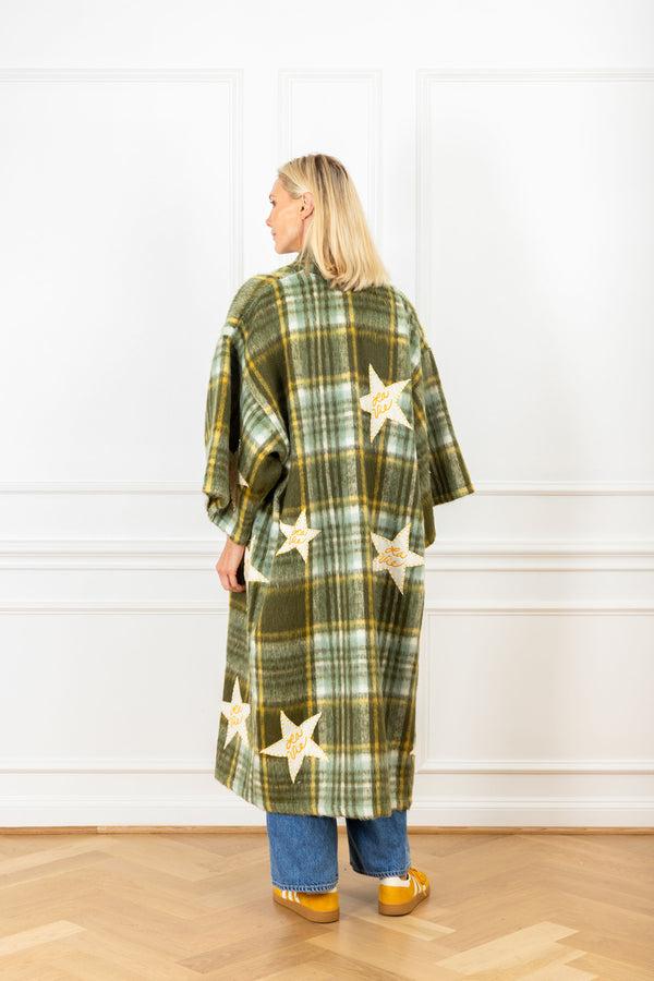 La Vie Olive Plaid Patch Maxi Duster