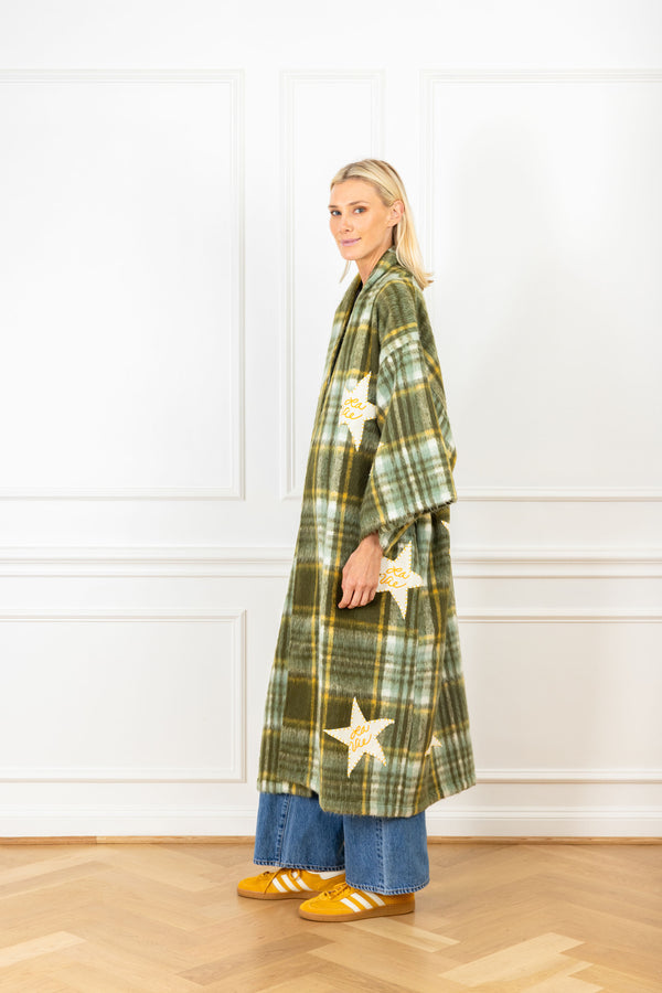 La Vie Olive Plaid Patch Maxi Duster