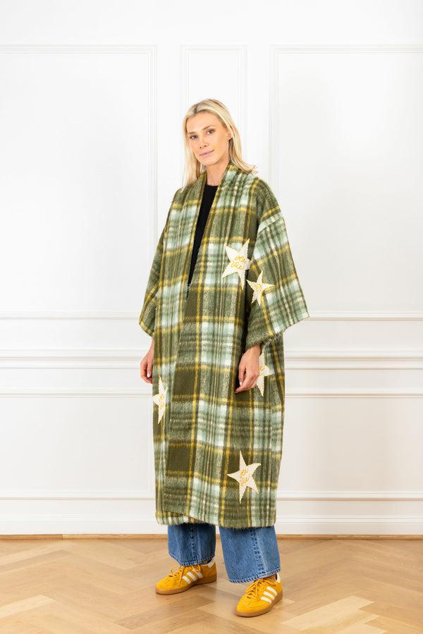 la vie Olive Plaid Patch Maxi Duster