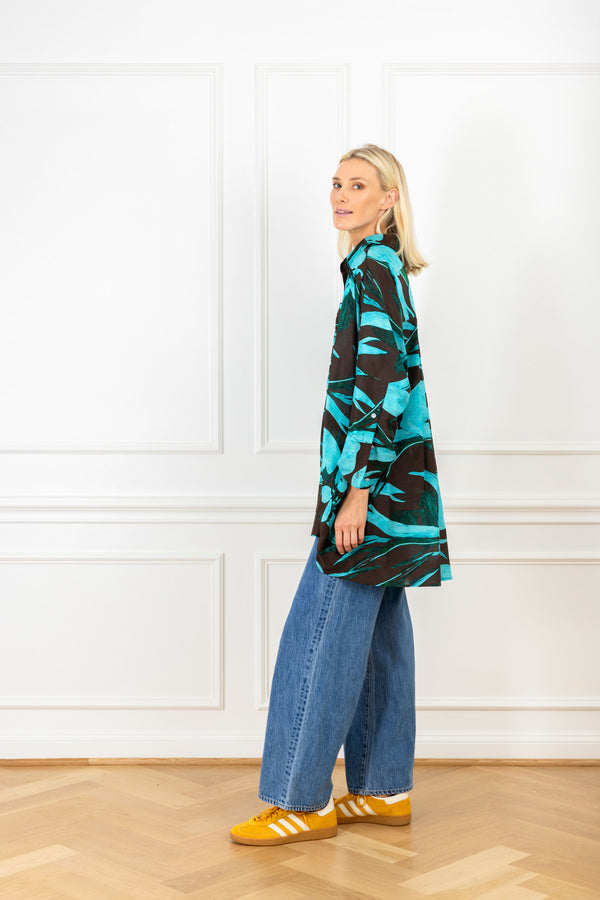 La Vie Turquoise Brushed Florals Boyfriend Shirt