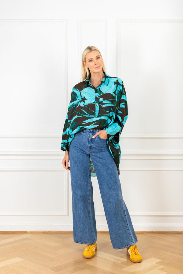 La Vie Turquoise Brushed Florals Boyfriend Shirt