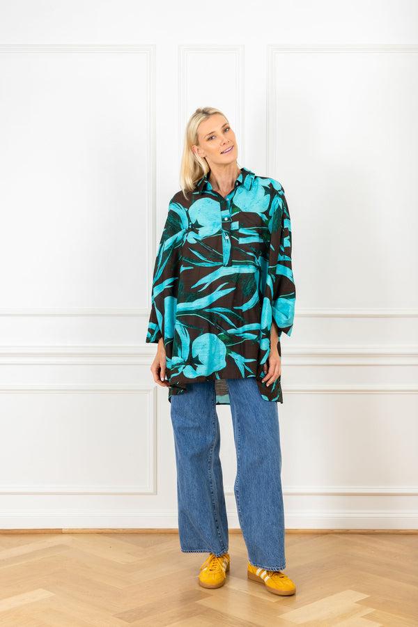 la vie Turquoise Brushed Florals Boyfriend Shirt