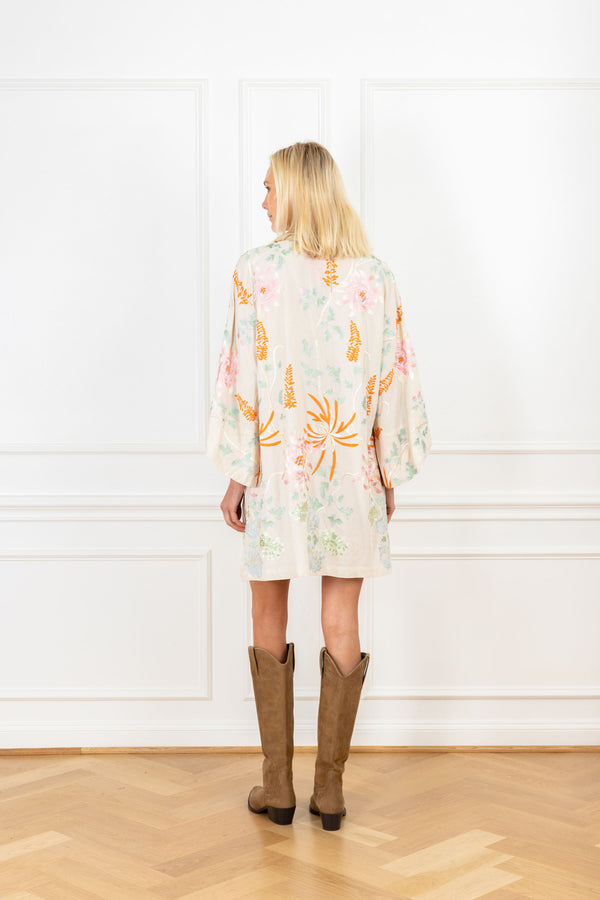 La Vie Vanilla Embroidered Floral Mini Caftan