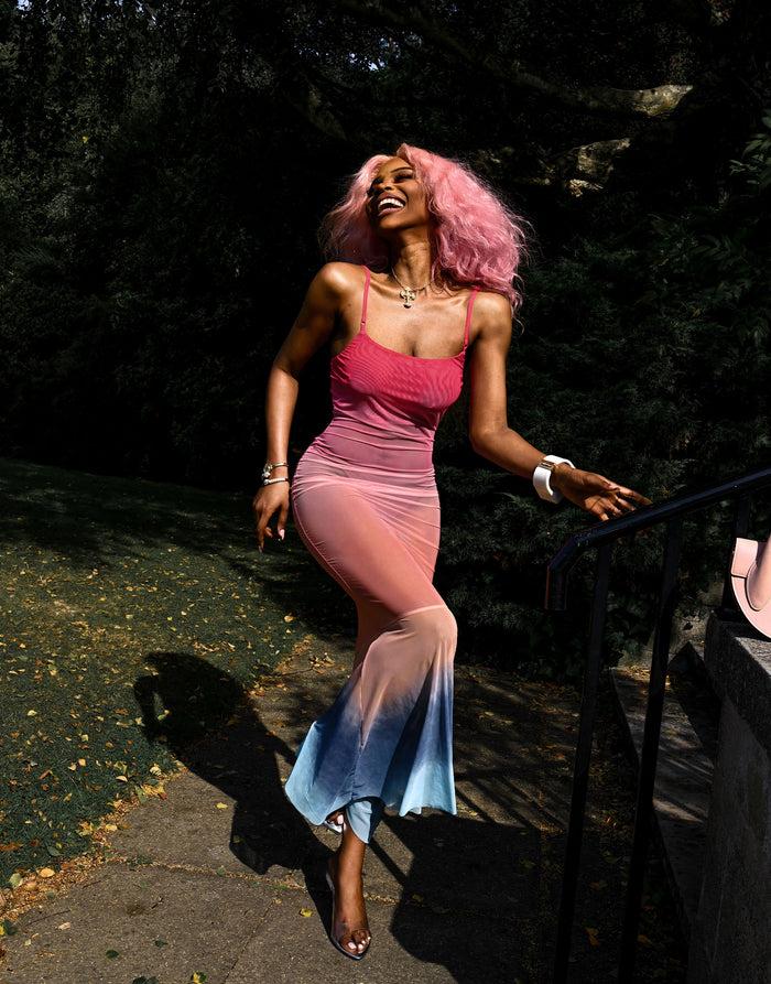 labelrail JF-012 Trumpet Mesh Maxi Dress