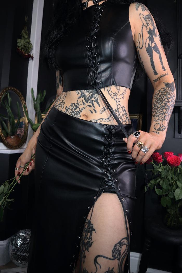 Labelrail MA-022 Lace Up PU Maxi Skirt