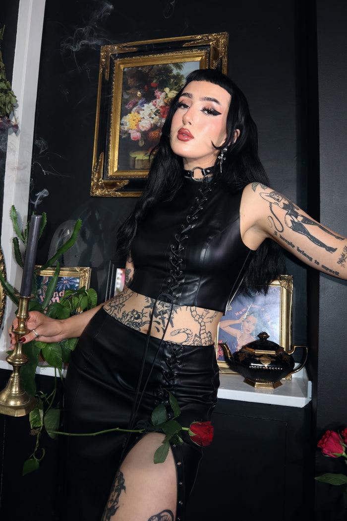 Labelrail MA-022 Lace Up PU Maxi Skirt