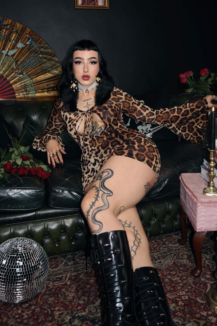 Labelrail MA-020 Removable Faux Fur Collar Mesh Mini Dress