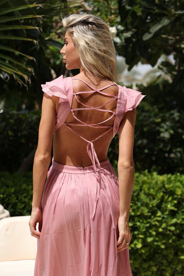 Lace & Beads Adeline Metallic Chiffon Maxi Dress In Baby Pink