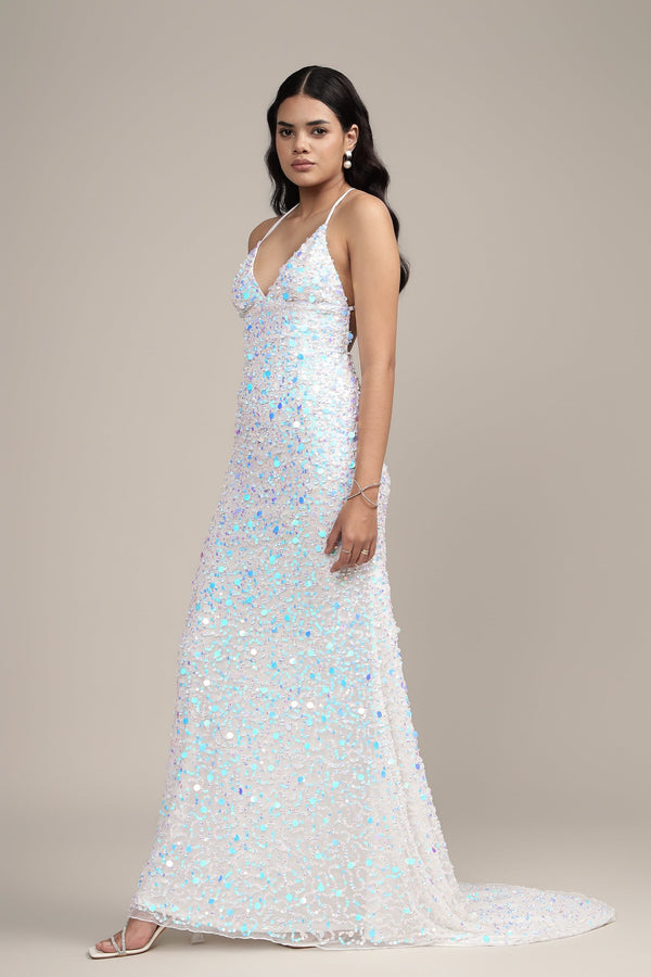 Lace & Beads Alchemila Embellished Maxi Dress In Iridescent White