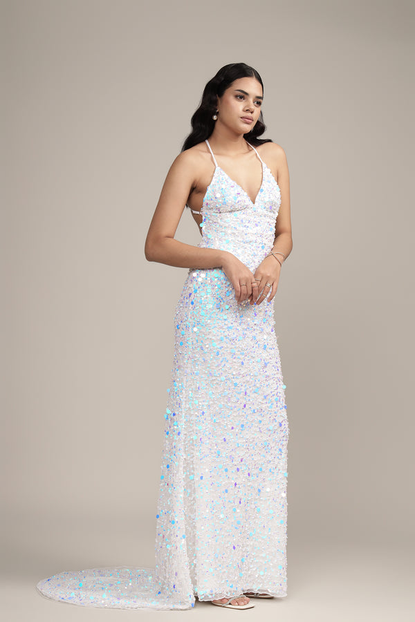 Lace & Beads Alchemila Embellished Maxi Dress In Iridescent White