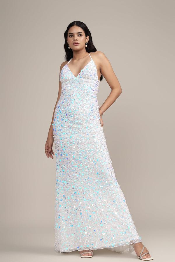lace & beads Alchemila Embellished Maxi Dress in Iridescent White