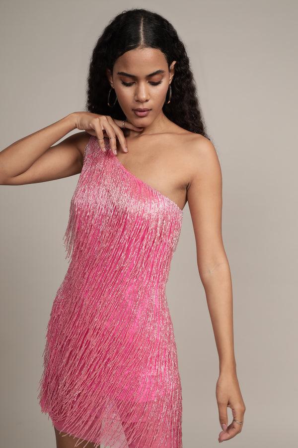 lace & beads Athena Embellished Pink Fringe Mini Dress