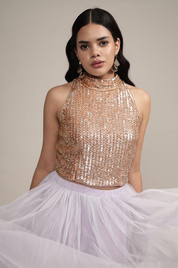 Lace & Beads Beetle Embellished High Neck Top In Pink