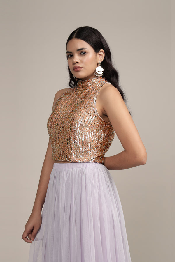 Lace & Beads Beetle Embellished High Neck Top In Pink