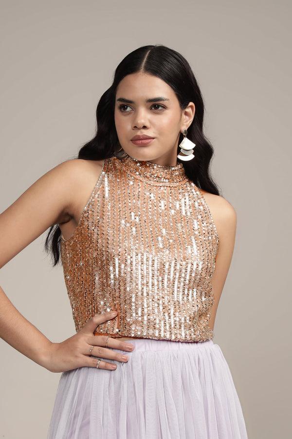 lace & beads Beetle Embellished High Neck Top in Pink