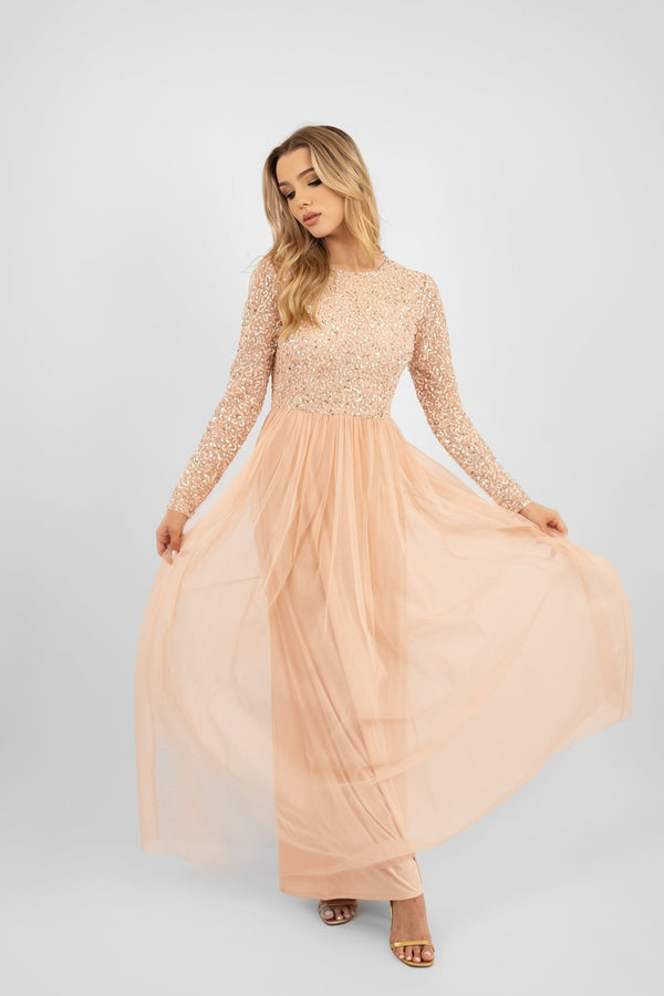 Lace & Beads Belle Blush Pink Long Sleeve Bridesmaid Dress