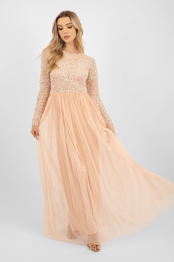 lace & beads Belle Blush Pink Long Sleeve Bridesmaid Dress