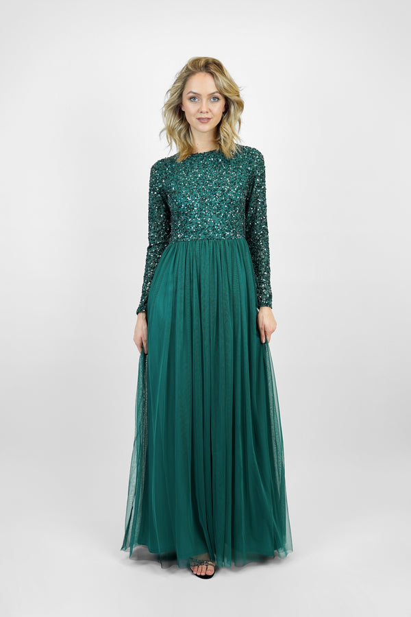 Lace & Beads Belle Emerald Green Long Sleeve Bridesmaid Dress