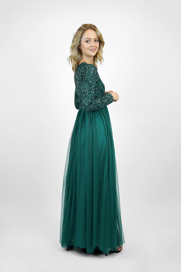Lace & Beads Belle Emerald Green Long Sleeve Bridesmaid Dress