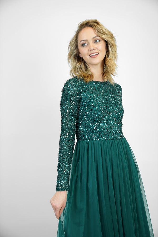 Lace & Beads Belle Emerald Green Long Sleeve Bridesmaid Dress