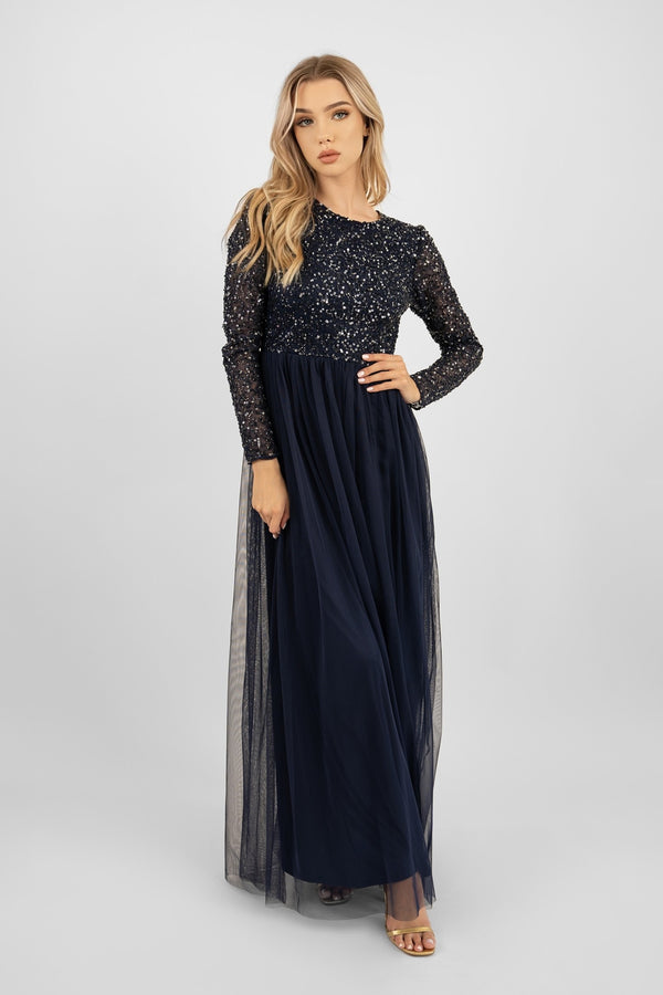 Lace & Beads Belle Navy Blue Long Sleeve Bridesmaid Dress