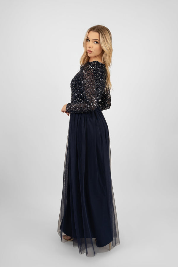 Lace & Beads Belle Navy Blue Long Sleeve Bridesmaid Dress
