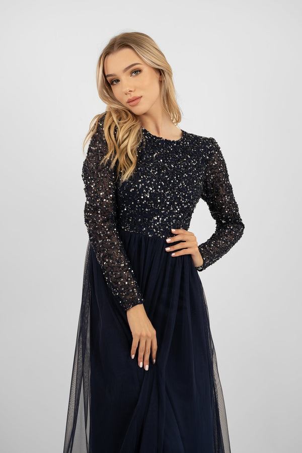 Lace & Beads Belle Navy Blue Long Sleeve Bridesmaid Dress