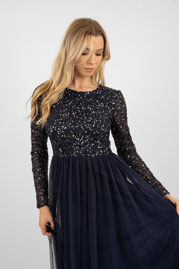 lace & beads Belle Navy Blue Long Sleeve Bridesmaid Dress