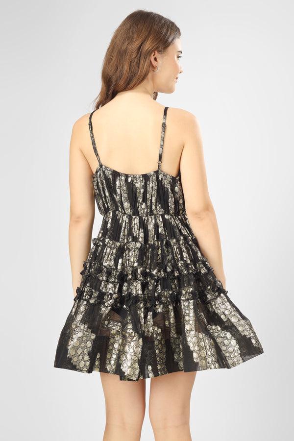Lace & Beads Bethan Metallic Printed Mini Dress In Black