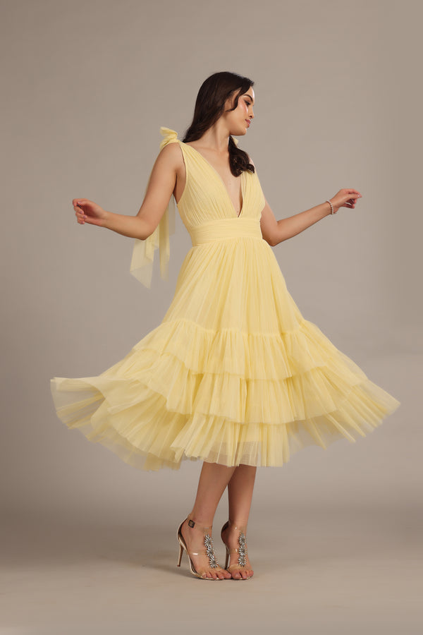 lace & beads Bow Shoulder Madison Midi Dress in Buttercup