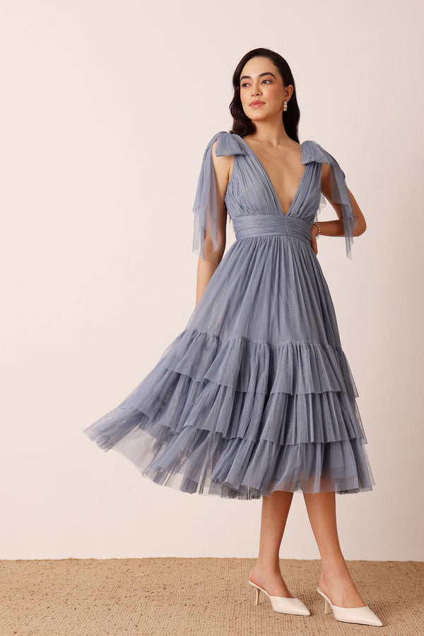 Lace & Beads Bow Shoulder Madison Midi Dress In Dusty Blue
