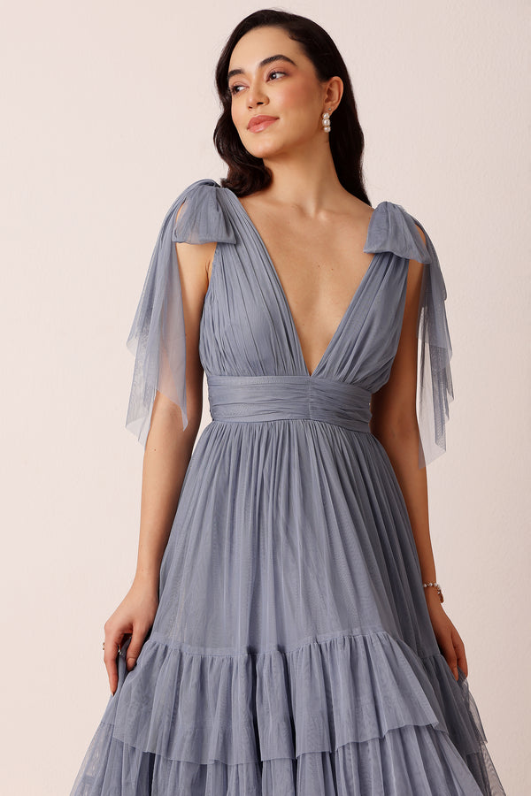 Lace & Beads Bow Shoulder Madison Midi Dress In Dusty Blue
