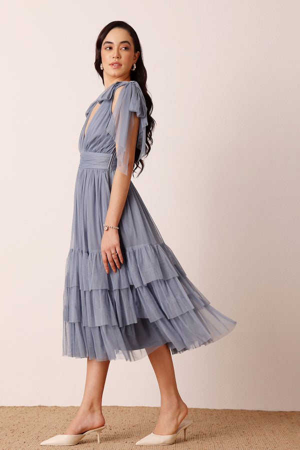 Lace & Beads Bow Shoulder Madison Midi Dress In Dusty Blue