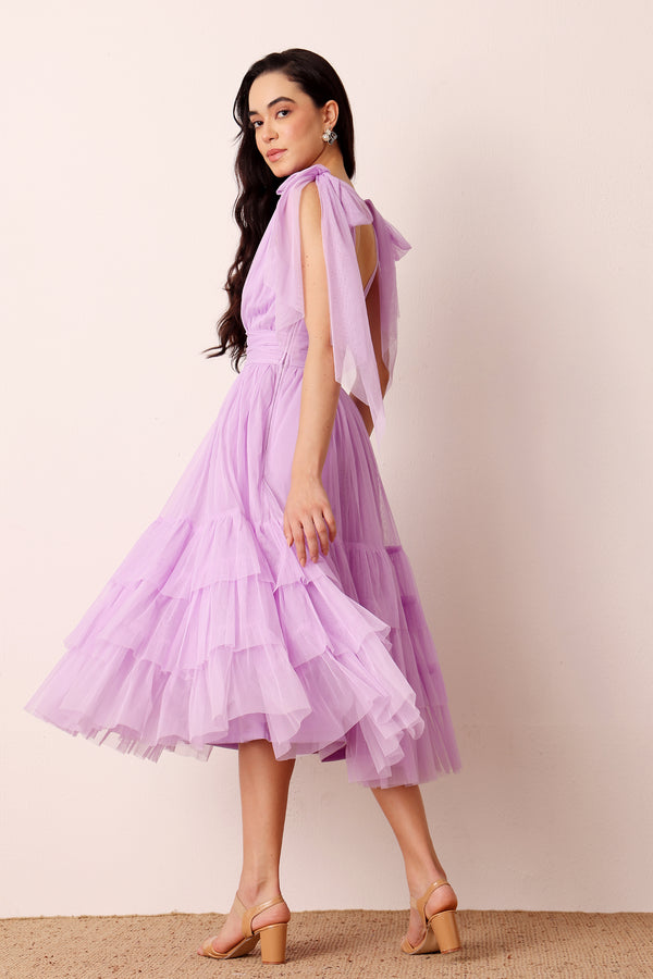 Lace & Beads Bow Shoulder Madison Midi Dress In Lilac