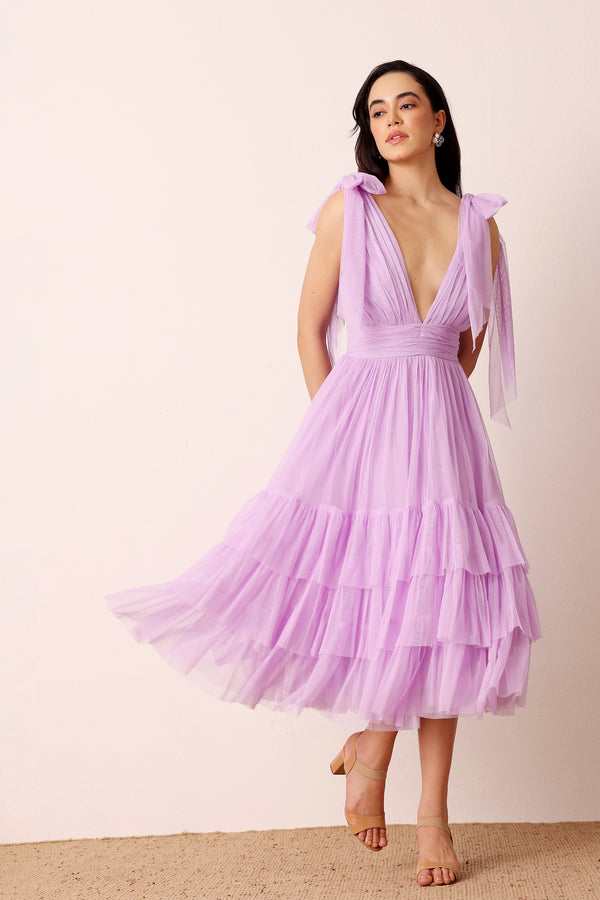 Lace & Beads Bow Shoulder Madison Midi Dress In Lilac
