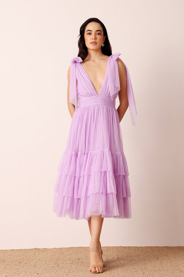 lace & beads Bow Shoulder Madison Midi Dress in Lilac
