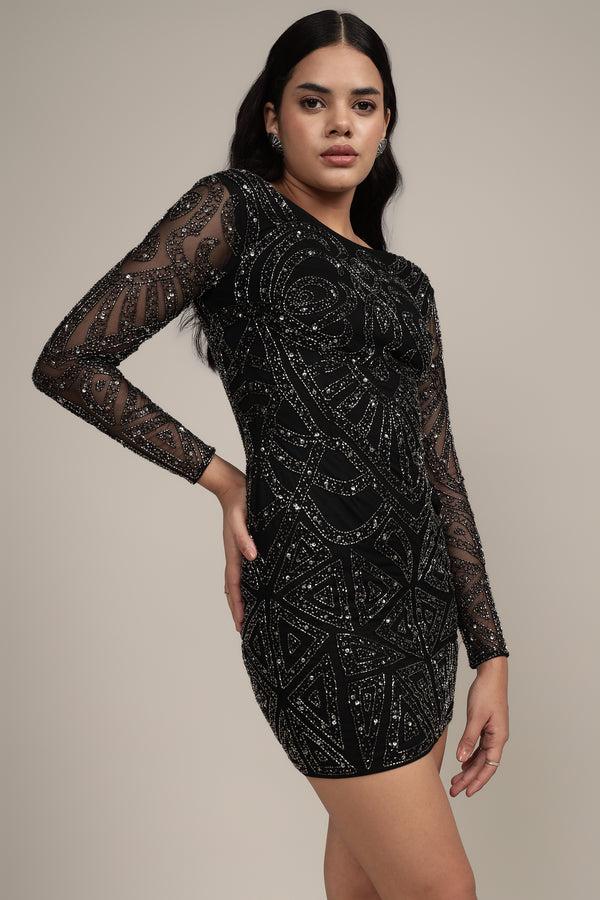 lace & beads Brooklyn Black Long Sleeve Sequin Mini Dress