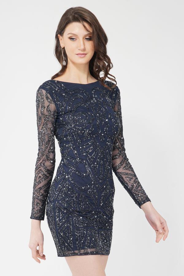Lace & Beads Brooklyn Navy Blue Long Sleeve Sequin Mini Dress