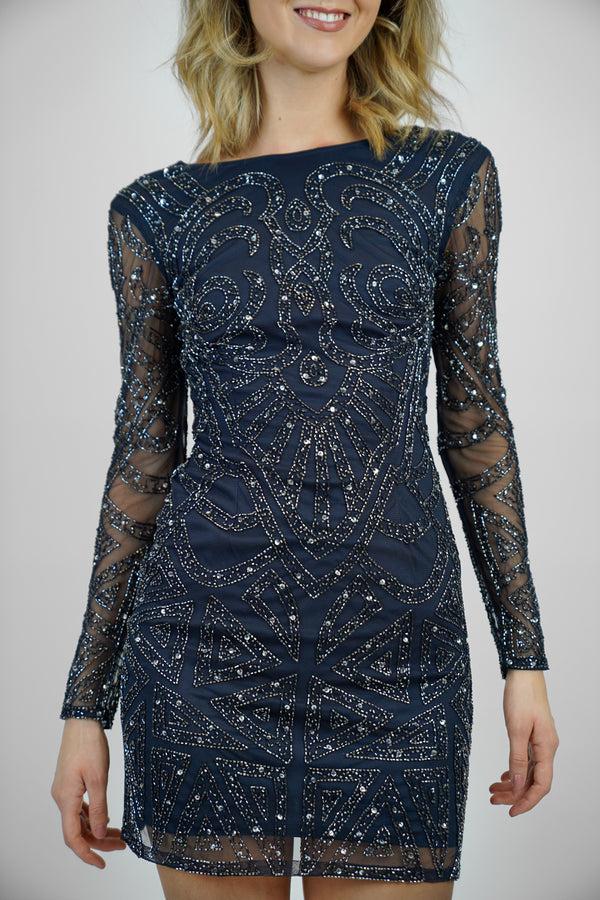 lace & beads Brooklyn Navy Blue Long Sleeve Sequin Mini Dress