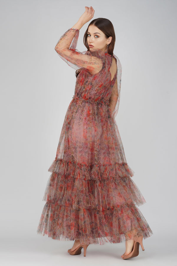 Lace & Beads Carina Long Sleeve Floral Maxi Dress In Dusty Rose